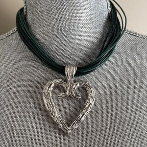 FREE PEOPLE Silver Heart Pendant Necklace with Green Faux leather cords